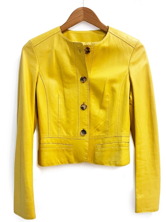 Burberry Designer Lemon Yellow Leather Lined Blazer Jacket Ruffle Back Hem Sz 4